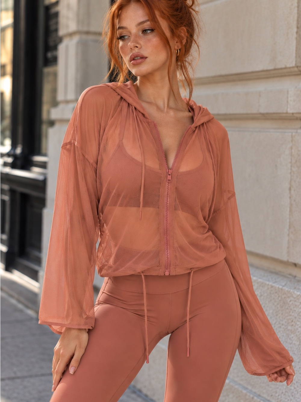 Lanston Sport Sheer Zip Hooded Cover-Up in Burnt Copper